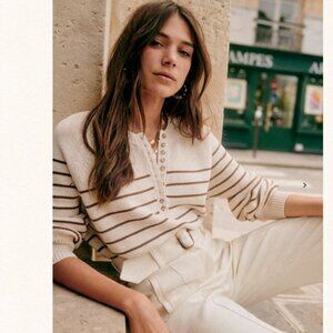Sezane Leontine Sweater Striped Ecru/Camel Sz L